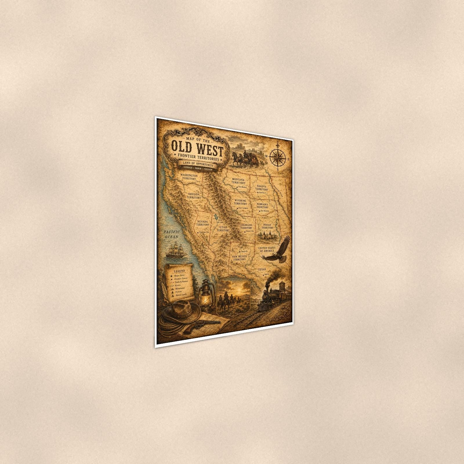 Vintage Old West Map — 24x36 in art print poster, premium luster paper with a white border; steeper three-quarter angle on a warm wall, catching the luster sheen.