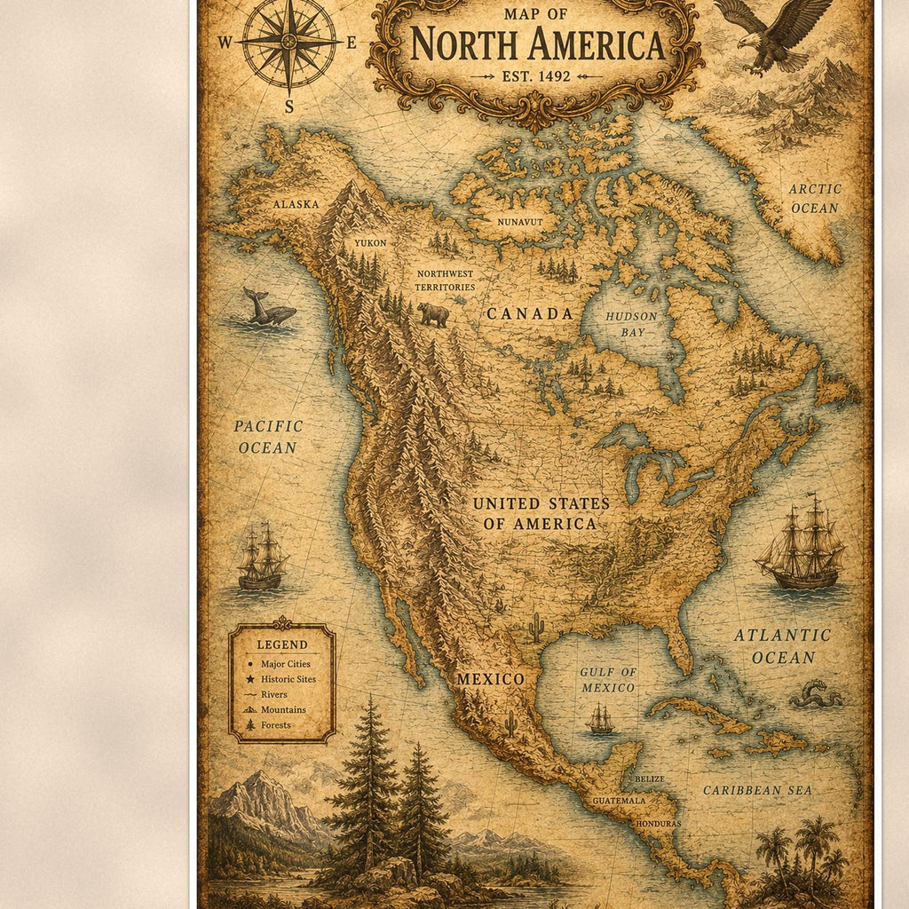Vintage North America Map — 24x36 in art print poster, premium luster paper with a white border; close-up framed on the main subject of the artwork, paper surface visible.