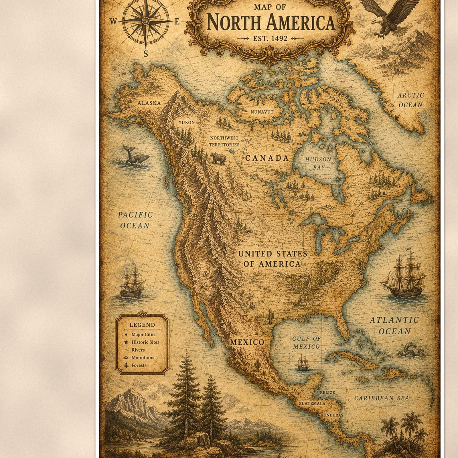 Vintage North America Map — 24x36 in art print poster, premium luster paper with a white border; close-up framed on the main subject of the artwork, paper surface visible.