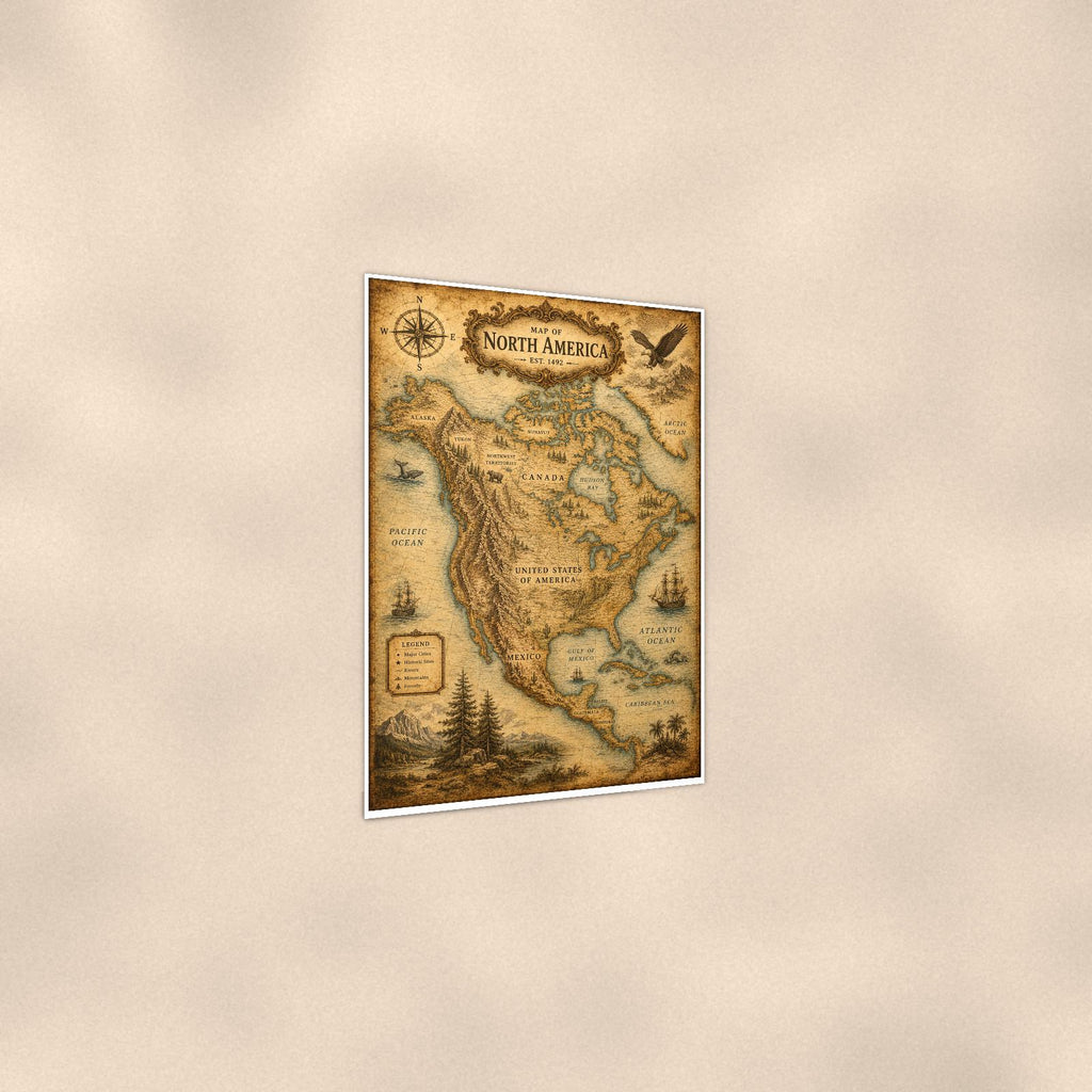 Vintage North America Map — 24x36 in art print poster, premium luster paper with a white border; gentle three-quarter angle on a warm wall, showing the flat paper edge.