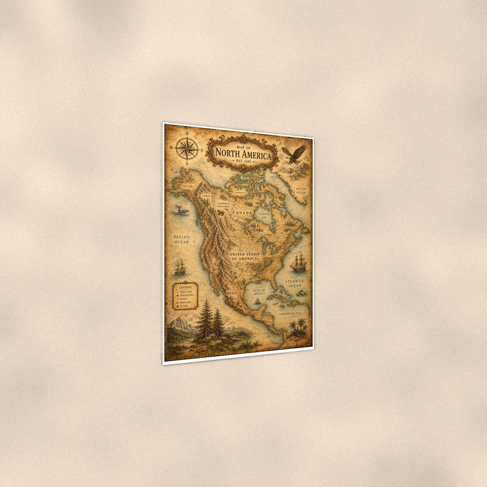 Vintage North America Map — 24x36 in art print poster, premium luster paper with a white border; gentle three-quarter angle on a warm wall, showing the flat paper edge.