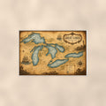 Vintage Great Lakes Map — 36x24 in art print poster, premium luster paper with a white border; poster shown straight on against a warm wall.
