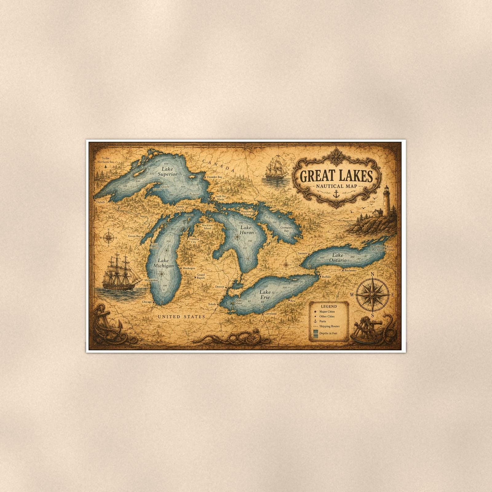 Vintage Great Lakes Map — 36x24 in art print poster, premium luster paper with a white border; poster shown straight on against a warm wall.