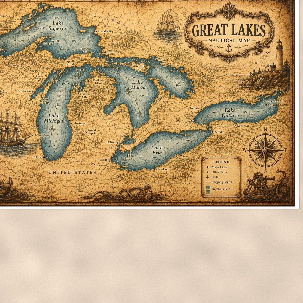 Vintage Great Lakes Map — 36x24 in art print poster, premium luster paper with a white border; close-up framed on the main subject of the artwork, paper surface visible.