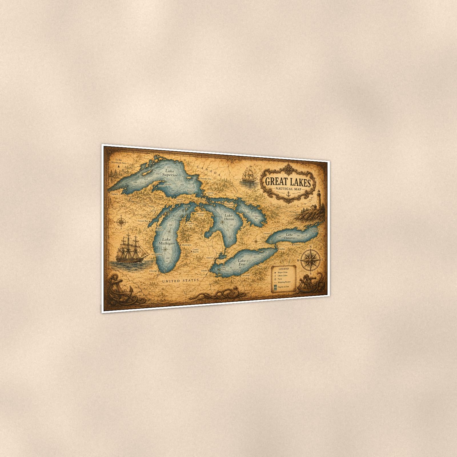 Vintage Great Lakes Map — 36x24 in art print poster, premium luster paper with a white border; gentle three-quarter angle on a warm wall, showing the flat paper edge.