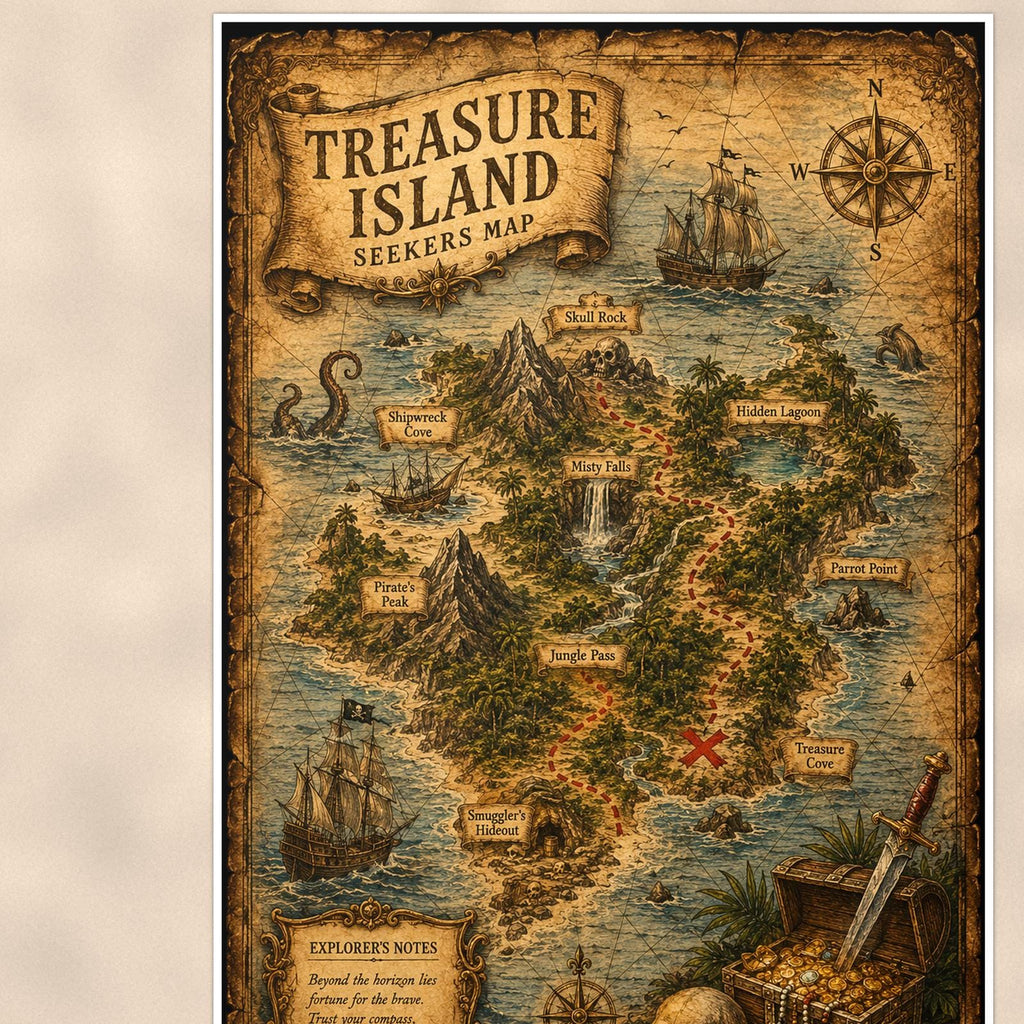 Treasure Island Map — 24x36 in art print poster, premium luster paper with a white border; close-up framed on the main subject of the artwork, paper surface visible.
