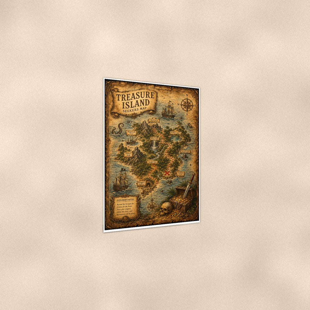 Treasure Island Map — 24x36 in art print poster, premium luster paper with a white border; gentle three-quarter angle on a warm wall, showing the flat paper edge.