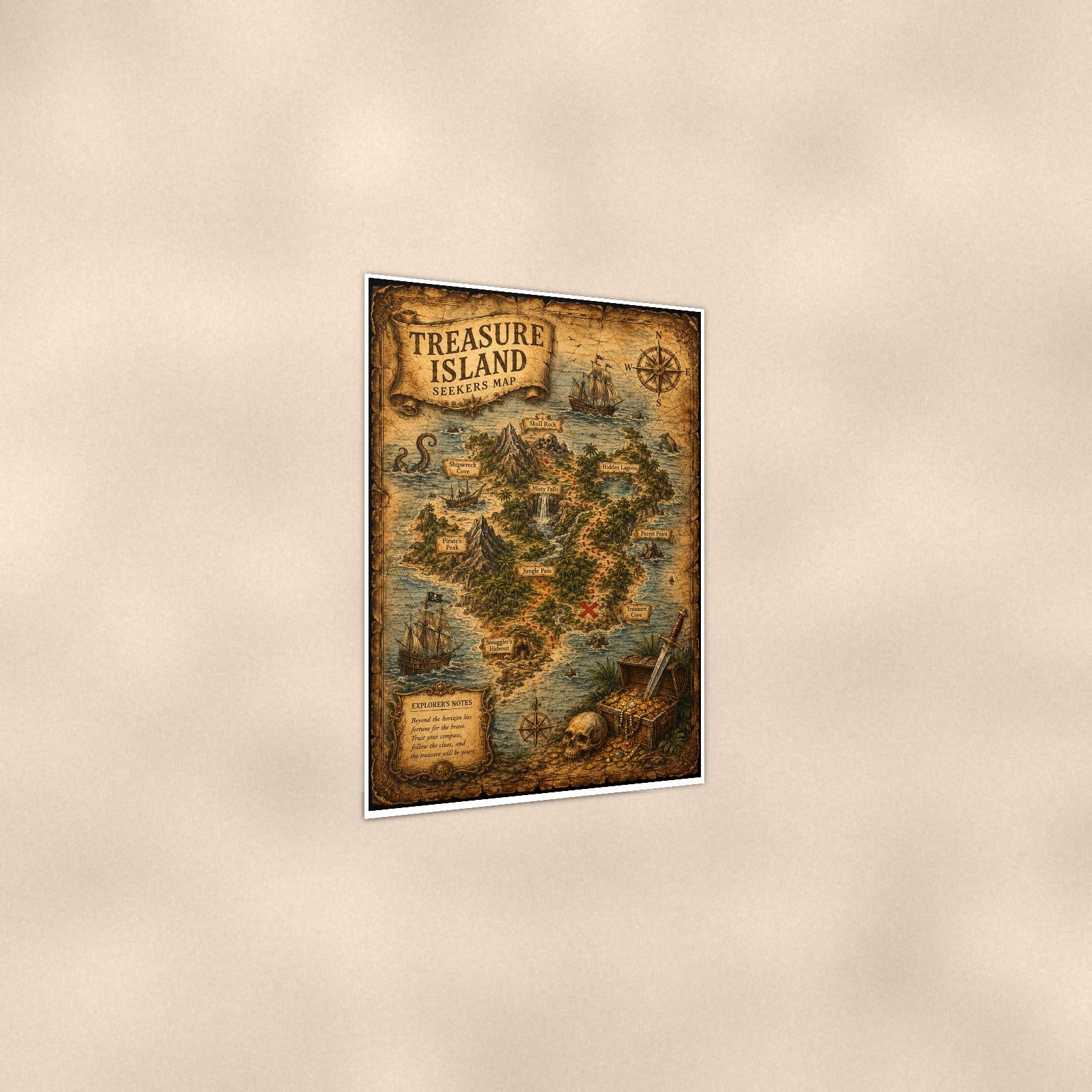 Treasure Island Map — 24x36 in art print poster, premium luster paper with a white border; gentle three-quarter angle on a warm wall, showing the flat paper edge.