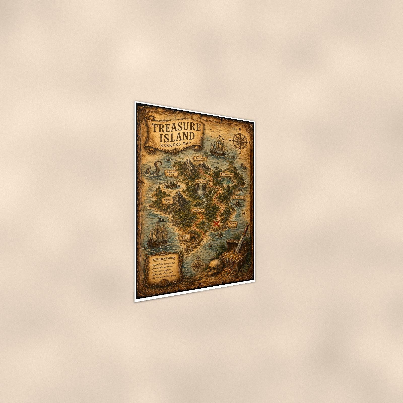 Treasure Island Map — 24x36 in art print poster, premium luster paper with a white border; steeper three-quarter angle on a warm wall, catching the luster sheen.