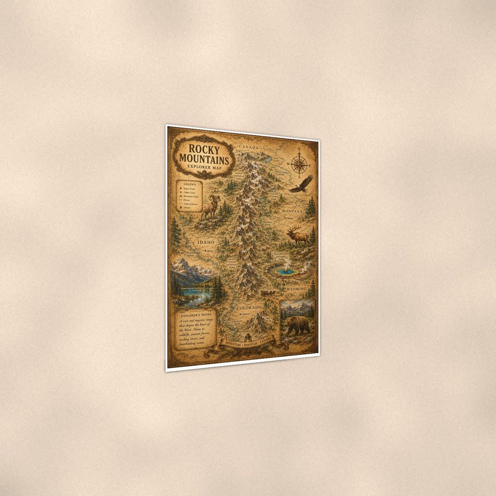 Vintage Rocky Mountains Map — 24x36 in art print poster, premium luster paper with a white border; gentle three-quarter angle on a warm wall, showing the flat paper edge.