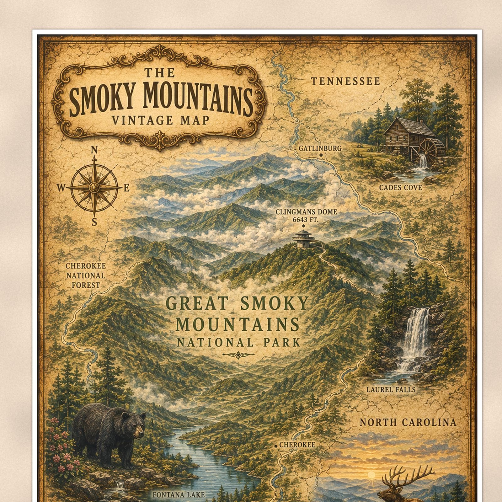 Vintage Smoky Mountains Map — 24x36 in art print poster, premium luster paper with a white border; close-up framed on the main subject of the artwork, paper surface visible.