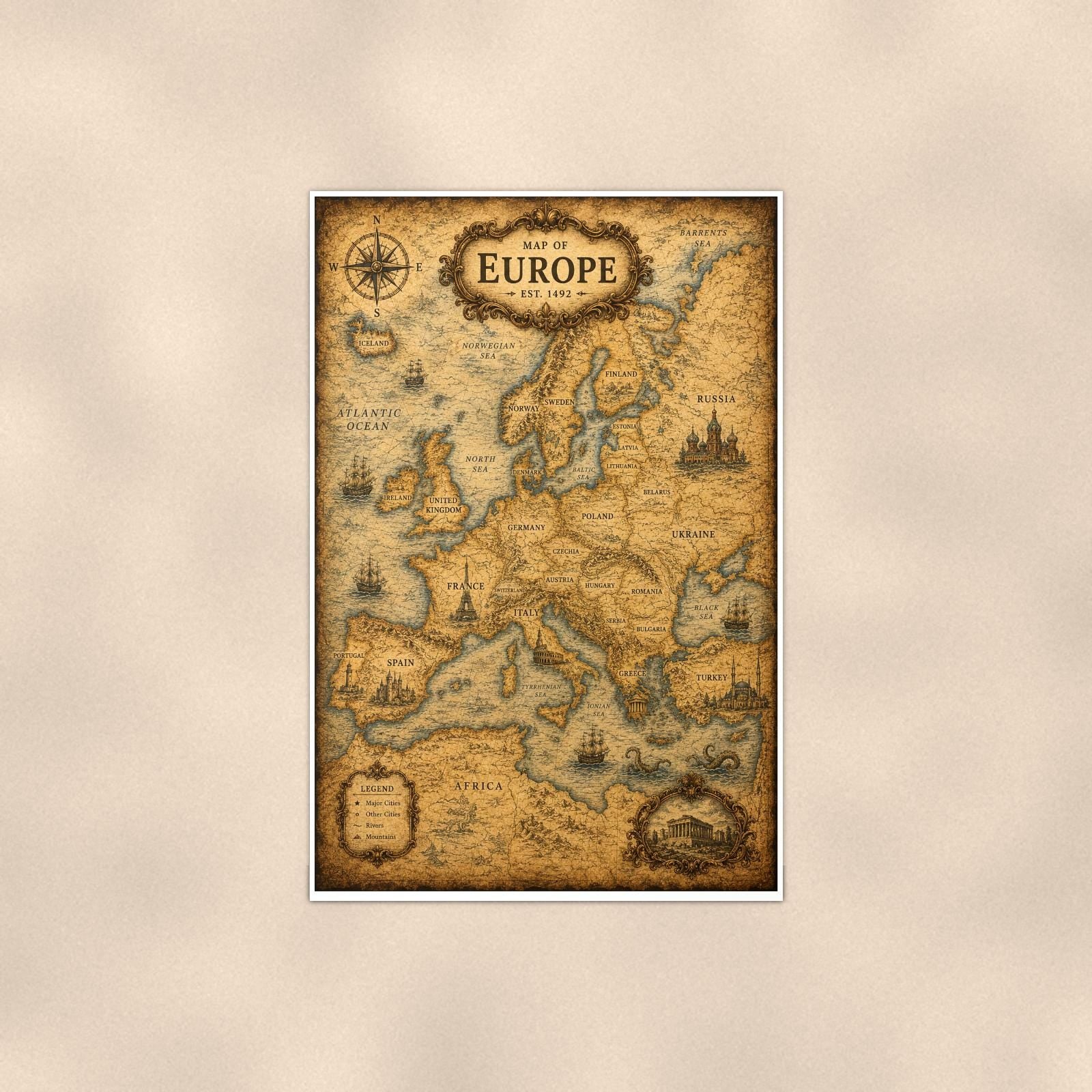 Vintage Europe Map — 24x36 in art print poster, premium luster paper with a white border; poster shown straight on against a warm wall.