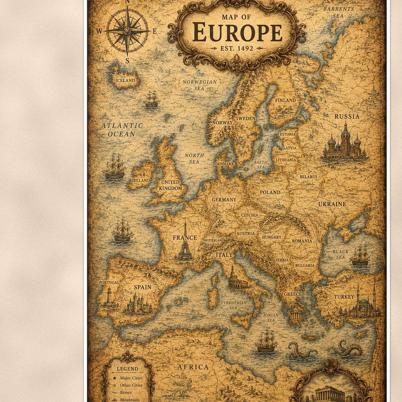 Vintage Europe Map — 24x36 in art print poster, premium luster paper with a white border; close-up framed on the main subject of the artwork, paper surface visible.