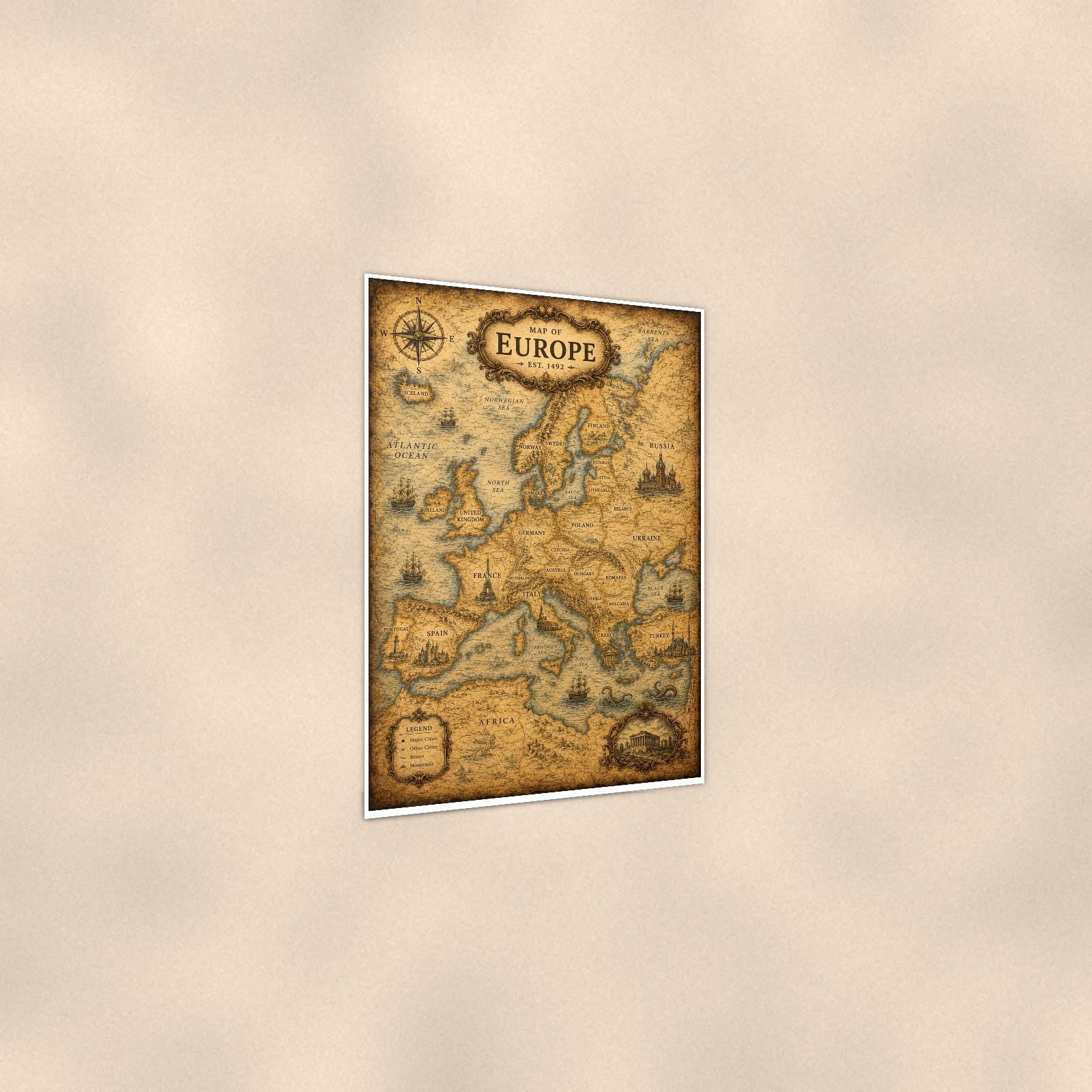 Vintage Europe Map — 24x36 in art print poster, premium luster paper with a white border; gentle three-quarter angle on a warm wall, showing the flat paper edge.