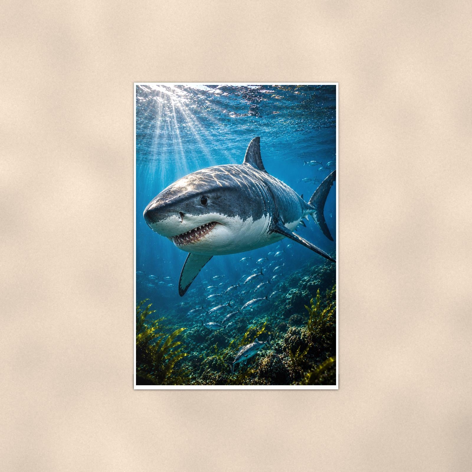Great White Shark — 24x36 in art print poster, premium luster paper with a white border; poster shown straight on against a warm wall.