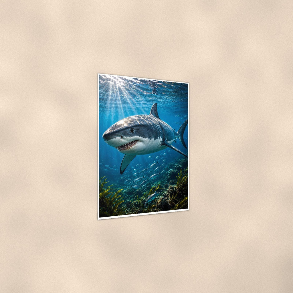 Great White Shark — 24x36 in art print poster, premium luster paper with a white border; gentle three-quarter angle on a warm wall, showing the flat paper edge.