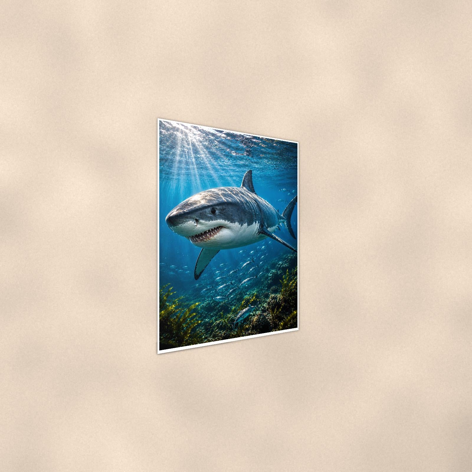 Great White Shark — 24x36 in art print poster, premium luster paper with a white border; steeper three-quarter angle on a warm wall, catching the luster sheen.