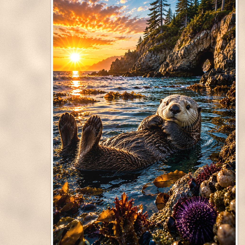Sea Otter Pair — 24x36 in art print poster, premium luster paper with a white border; close-up framed on the main subject of the artwork, paper surface visible.