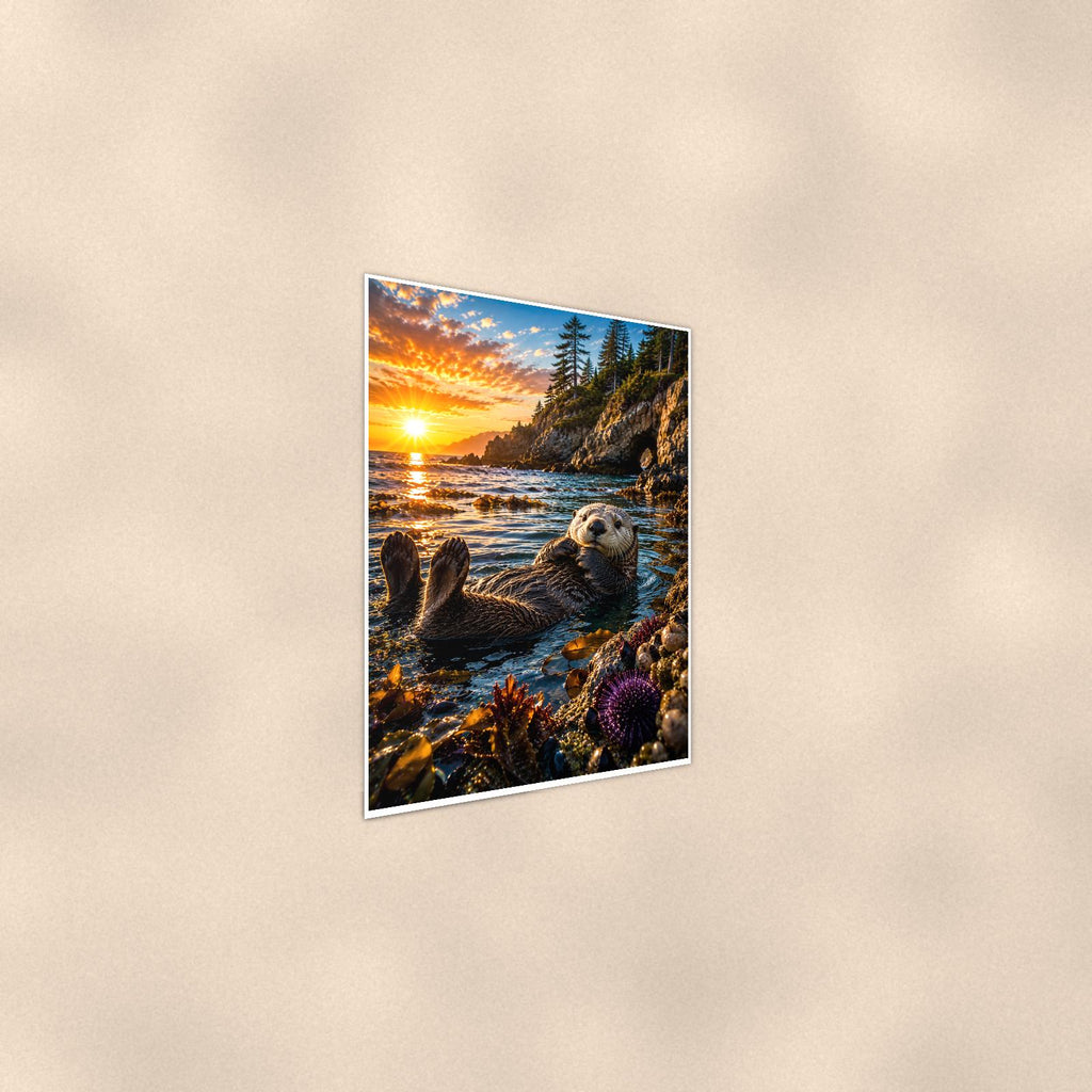 Sea Otter Pair — 24x36 in art print poster, premium luster paper with a white border; steeper three-quarter angle on a warm wall, catching the luster sheen.