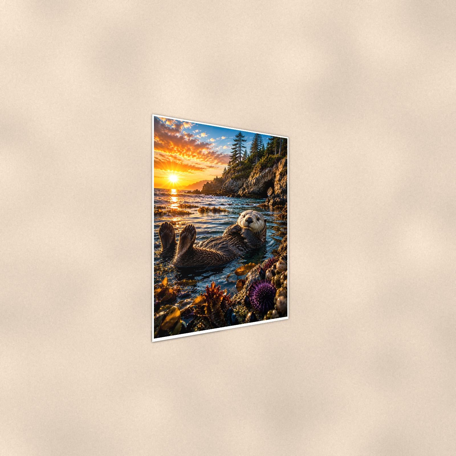 Sea Otter Pair — 24x36 in art print poster, premium luster paper with a white border; steeper three-quarter angle on a warm wall, catching the luster sheen.