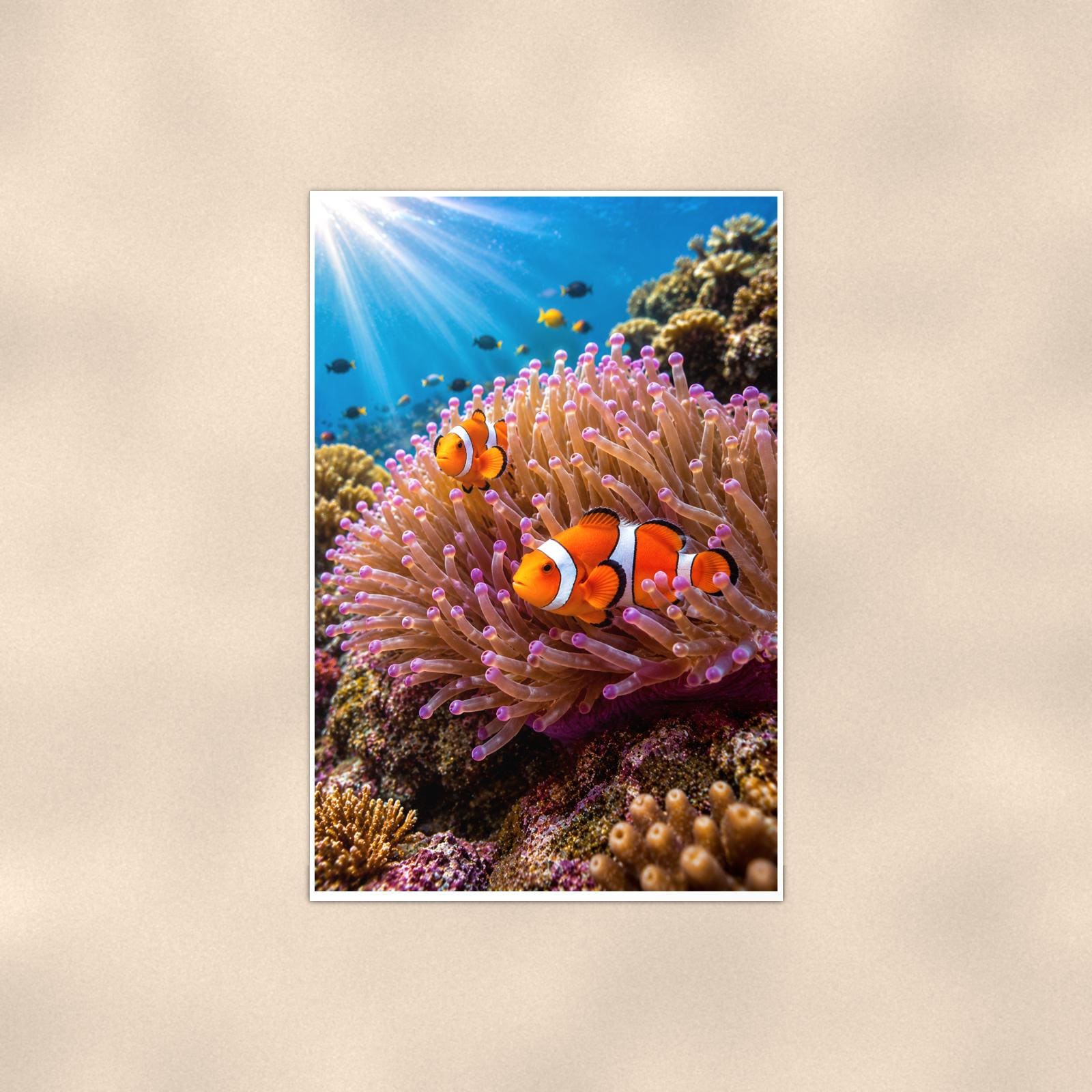 Clownfish and Anemone — 24x36 in art print poster, premium luster paper with a white border; poster shown straight on against a warm wall.