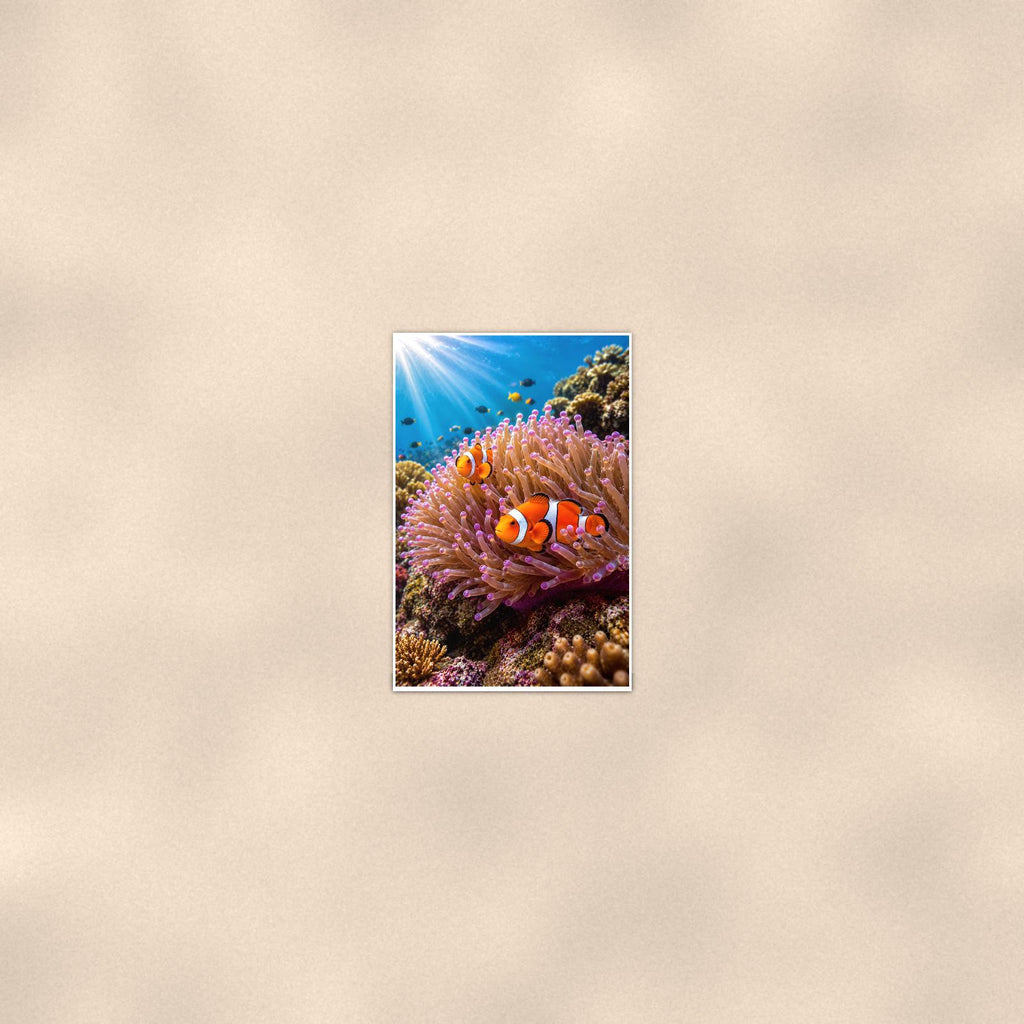 Clownfish and Anemone — 24x36 in art print poster, premium luster paper with a white border; poster seen from further back, at true 24x36 in scale on a warm wall.