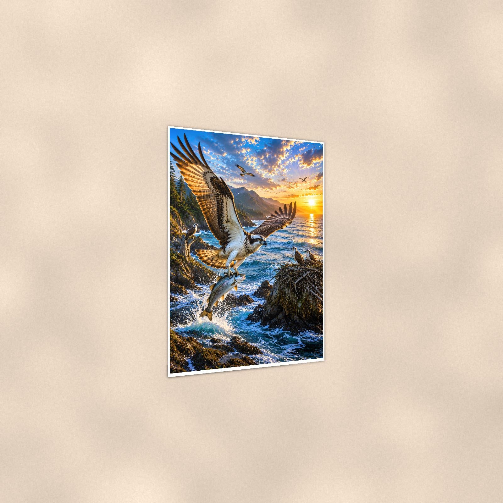 Marlin — 24x36 in art print poster, premium luster paper with a white border; gentle three-quarter angle on a warm wall, showing the flat paper edge.