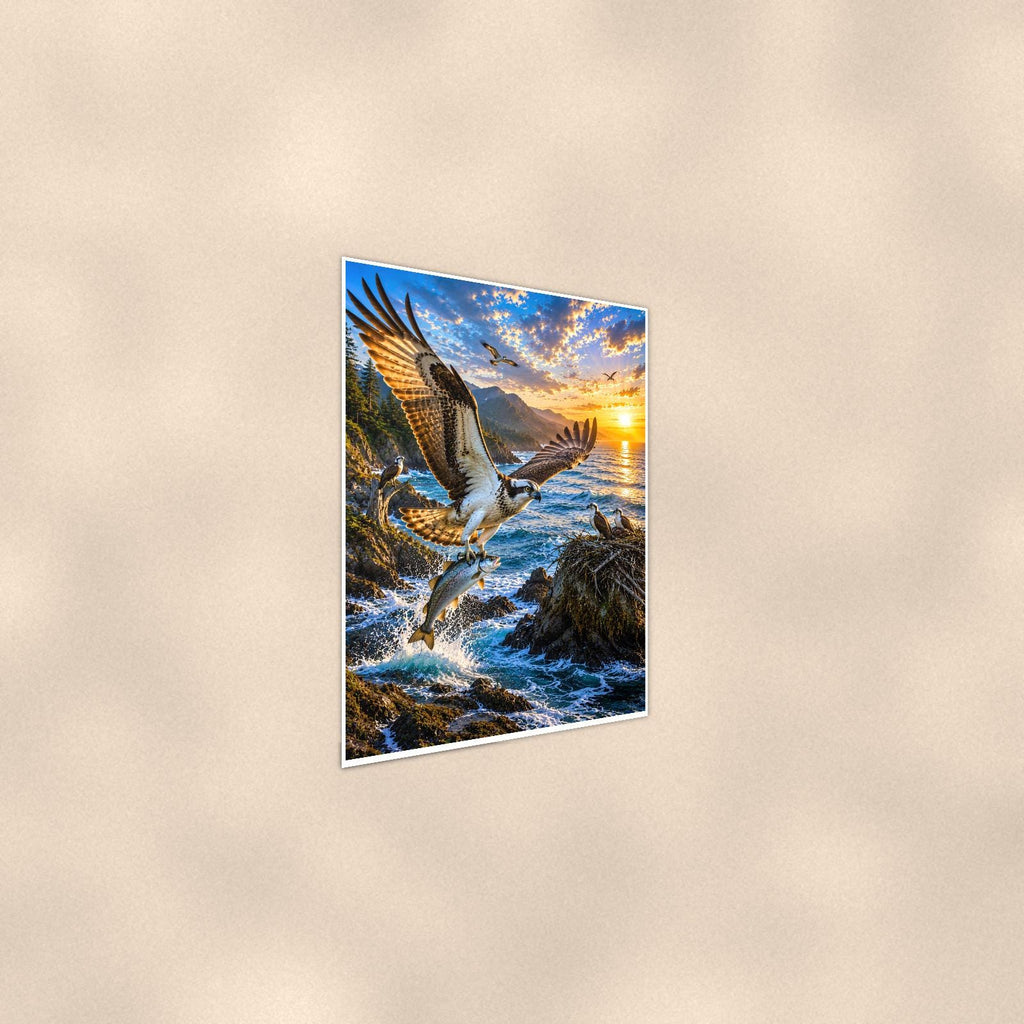 Marlin — 24x36 in art print poster, premium luster paper with a white border; steeper three-quarter angle on a warm wall, catching the luster sheen.