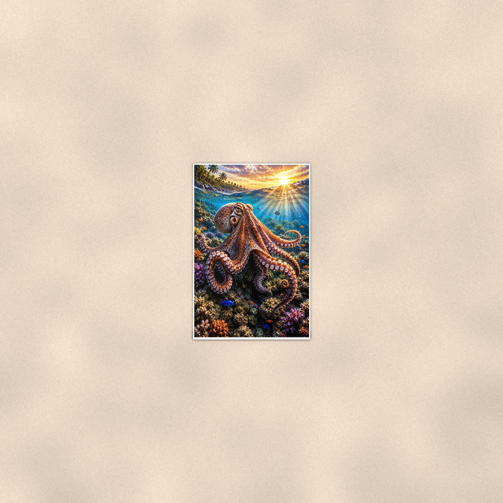 Octopus — 24x36 in art print poster, premium luster paper with a white border; poster seen from further back, at true 24x36 in scale on a warm wall.