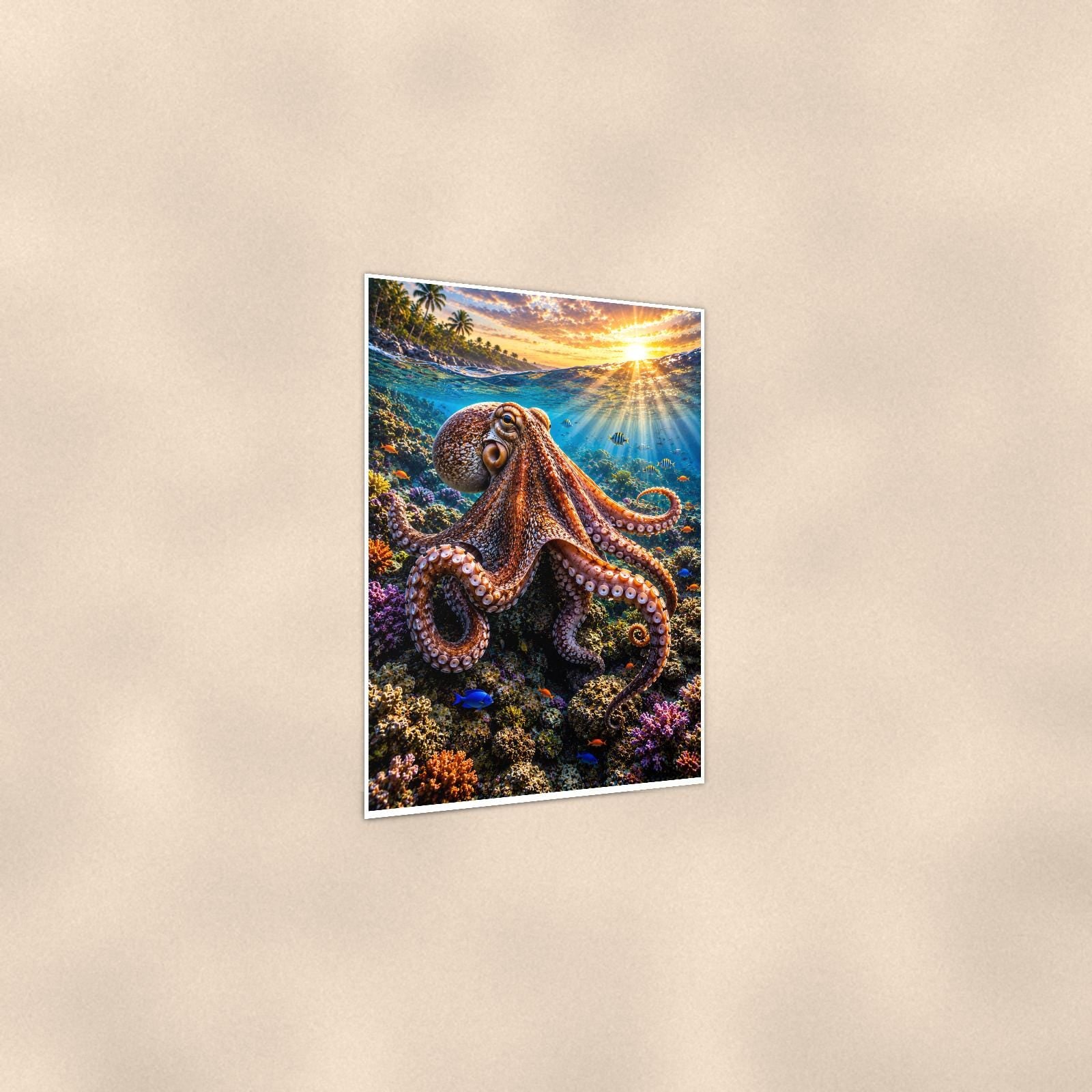 Octopus — 24x36 in art print poster, premium luster paper with a white border; gentle three-quarter angle on a warm wall, showing the flat paper edge.