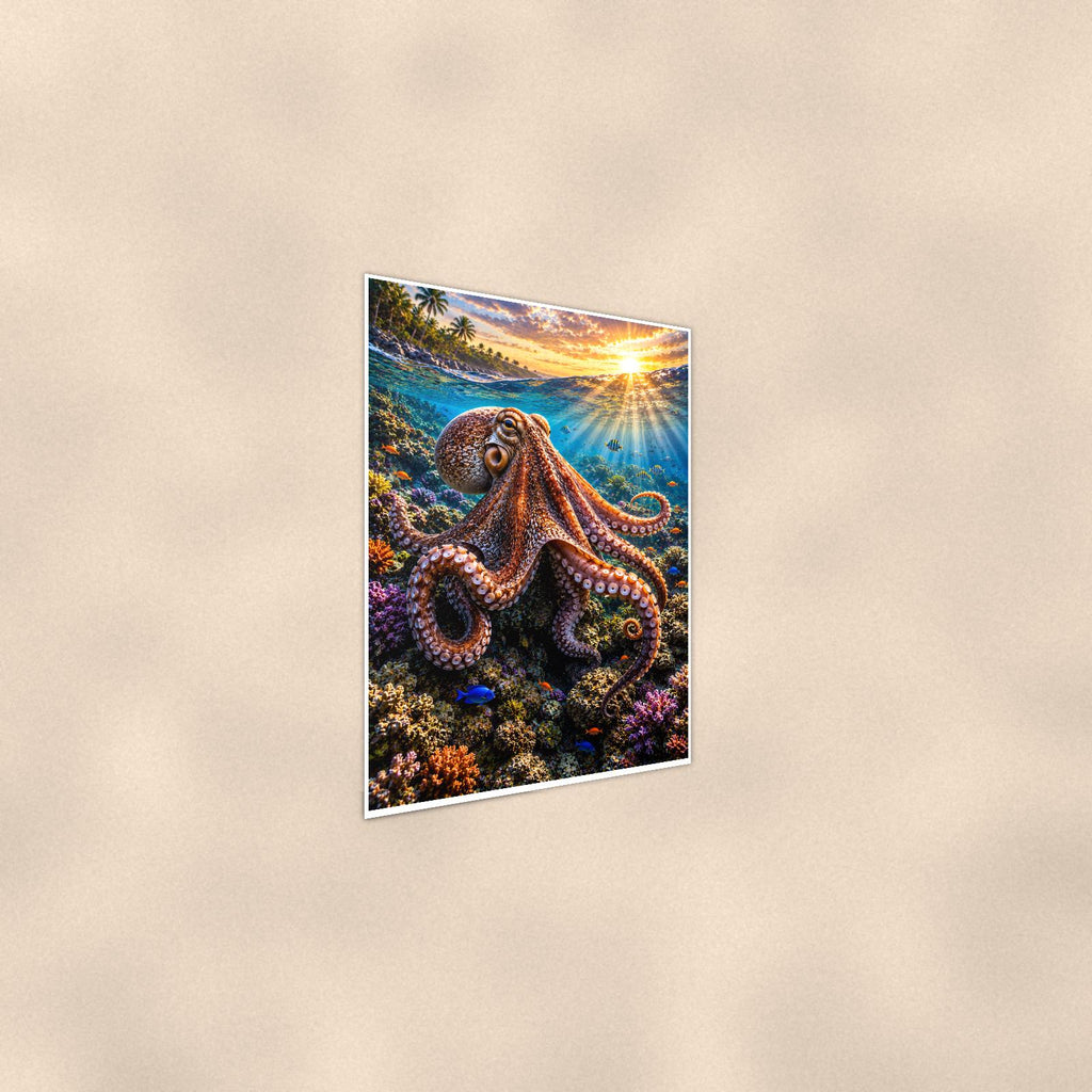 Octopus — 24x36 in art print poster, premium luster paper with a white border; steeper three-quarter angle on a warm wall, catching the luster sheen.
