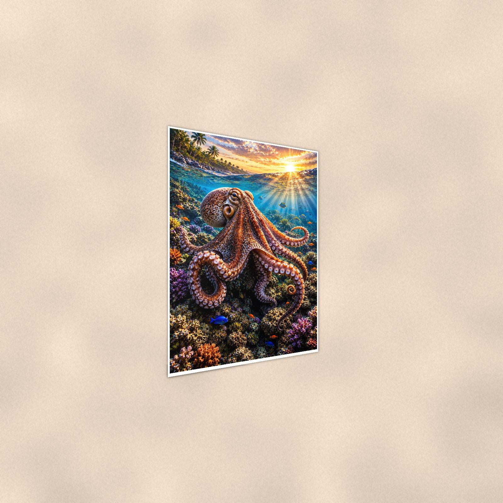 Octopus — 24x36 in art print poster, premium luster paper with a white border; steeper three-quarter angle on a warm wall, catching the luster sheen.