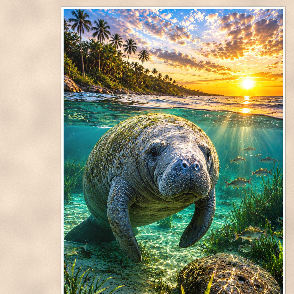 Manatee — 24x36 in art print poster, premium luster paper with a white border; close-up framed on the main subject of the artwork, paper surface visible.