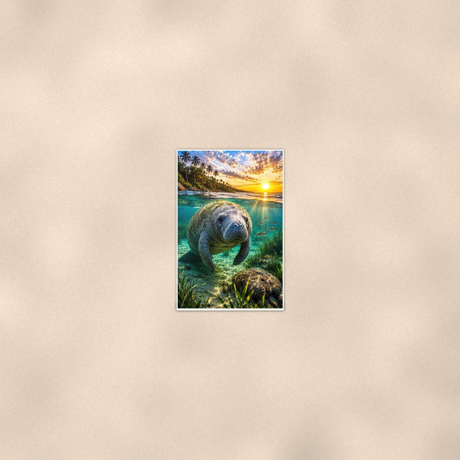 Manatee — 24x36 in art print poster, premium luster paper with a white border; poster seen from further back, at true 24x36 in scale on a warm wall.