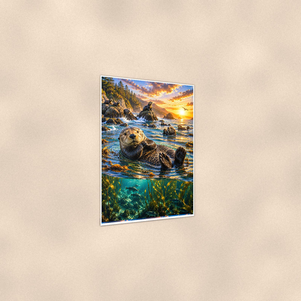 Sea Otter — 24x36 in art print poster, premium luster paper with a white border; gentle three-quarter angle on a warm wall, showing the flat paper edge.