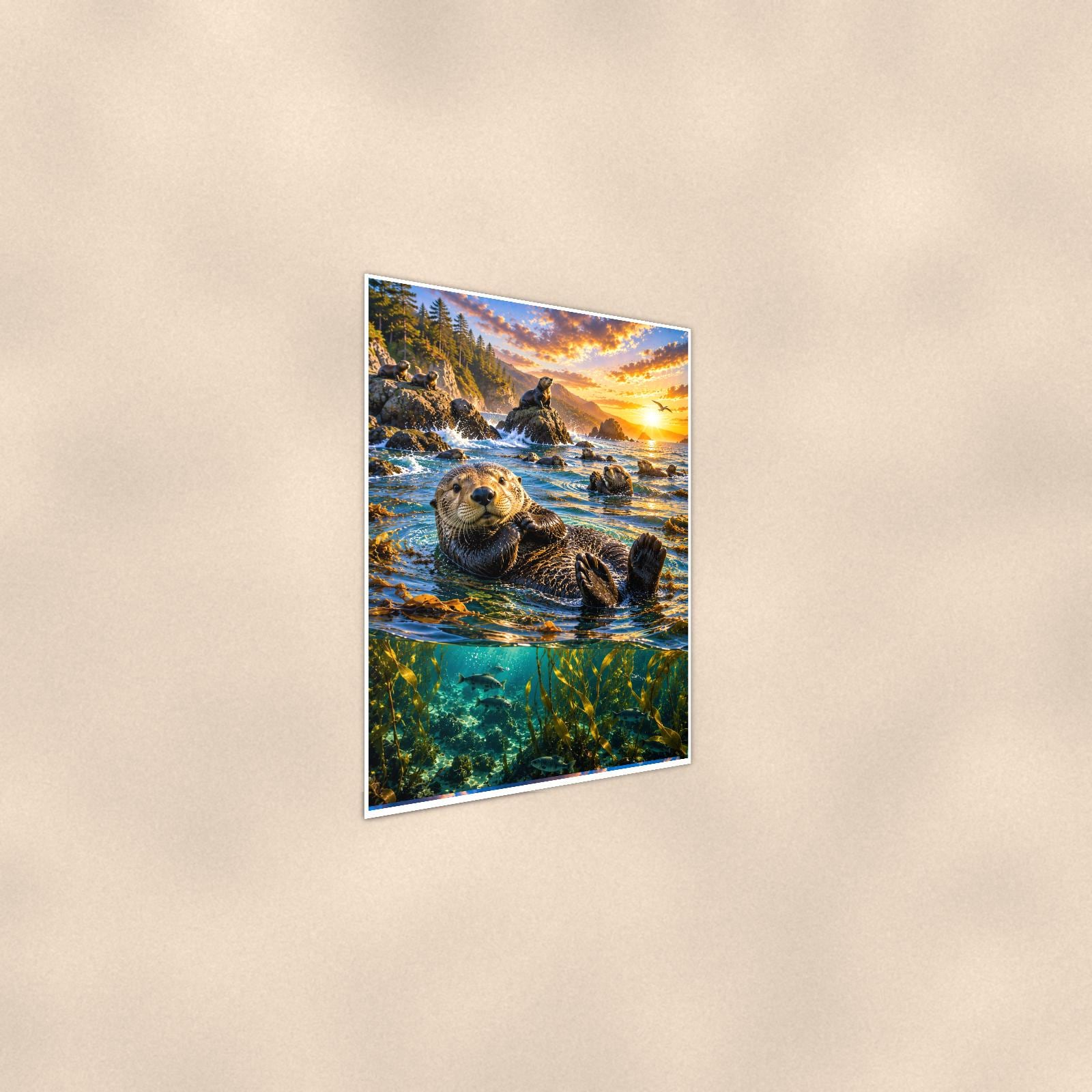 Sea Otter — 24x36 in art print poster, premium luster paper with a white border; steeper three-quarter angle on a warm wall, catching the luster sheen.