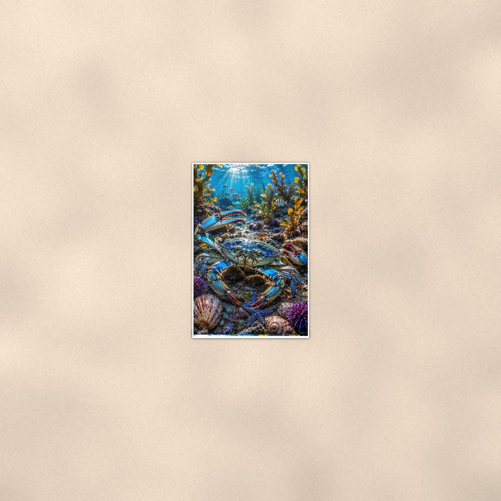 Spiny Lobster — 24x36 in art print poster, premium luster paper with a white border; poster seen from further back, at true 24x36 in scale on a warm wall.