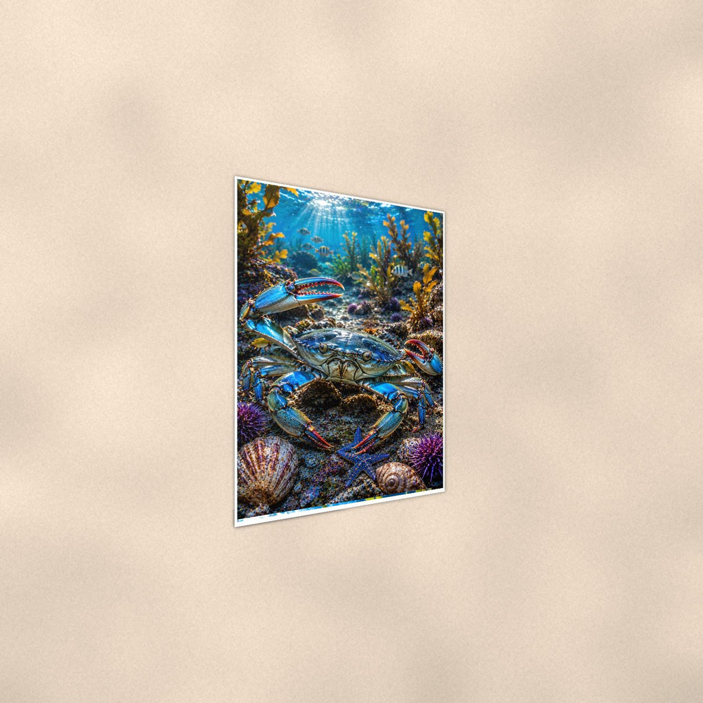 Spiny Lobster — 24x36 in art print poster, premium luster paper with a white border; steeper three-quarter angle on a warm wall, catching the luster sheen.
