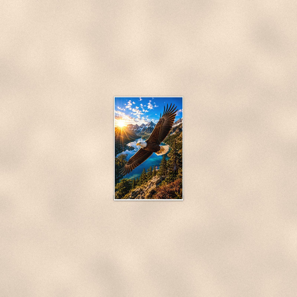 Bald Eagle in Flight — 24x36 in art print poster, premium luster paper with a white border; poster seen from further back, at true 24x36 in scale on a warm wall.