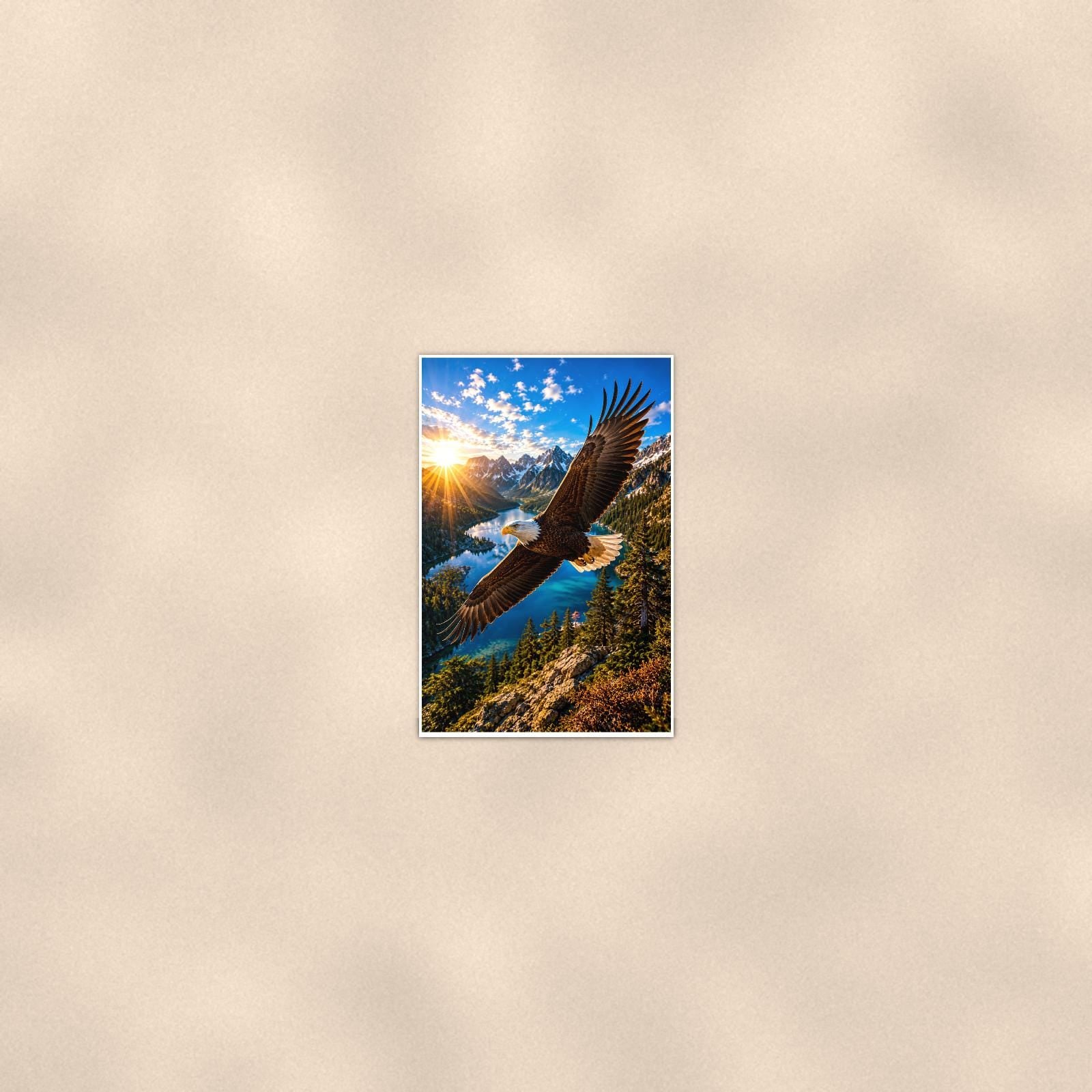 Bald Eagle in Flight — 24x36 in art print poster, premium luster paper with a white border; poster seen from further back, at true 24x36 in scale on a warm wall.
