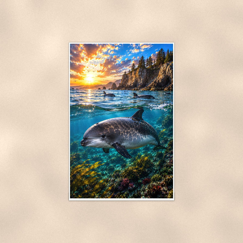 Dolphin Leaping — 24x36 in art print poster, premium luster paper with a white border; poster shown straight on against a warm wall.