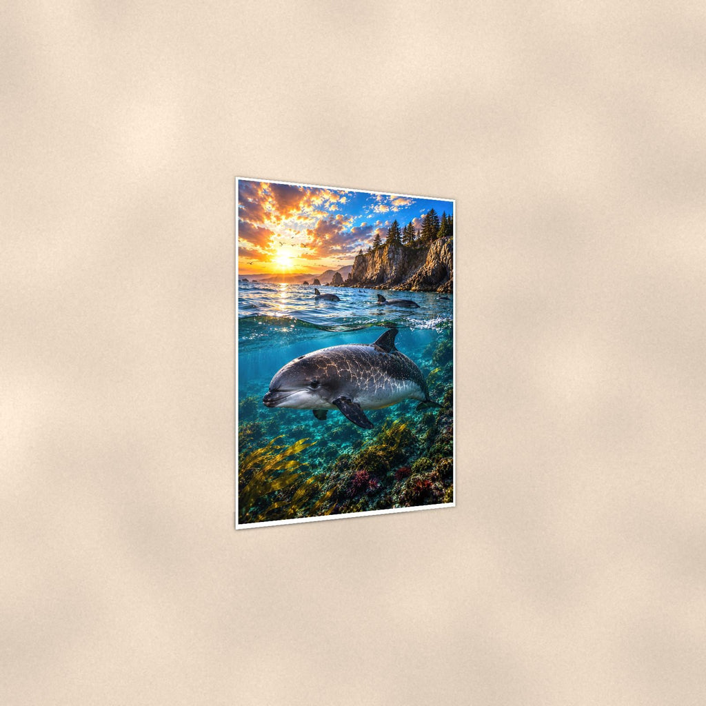 Dolphin Leaping — 24x36 in art print poster, premium luster paper with a white border; gentle three-quarter angle on a warm wall, showing the flat paper edge.