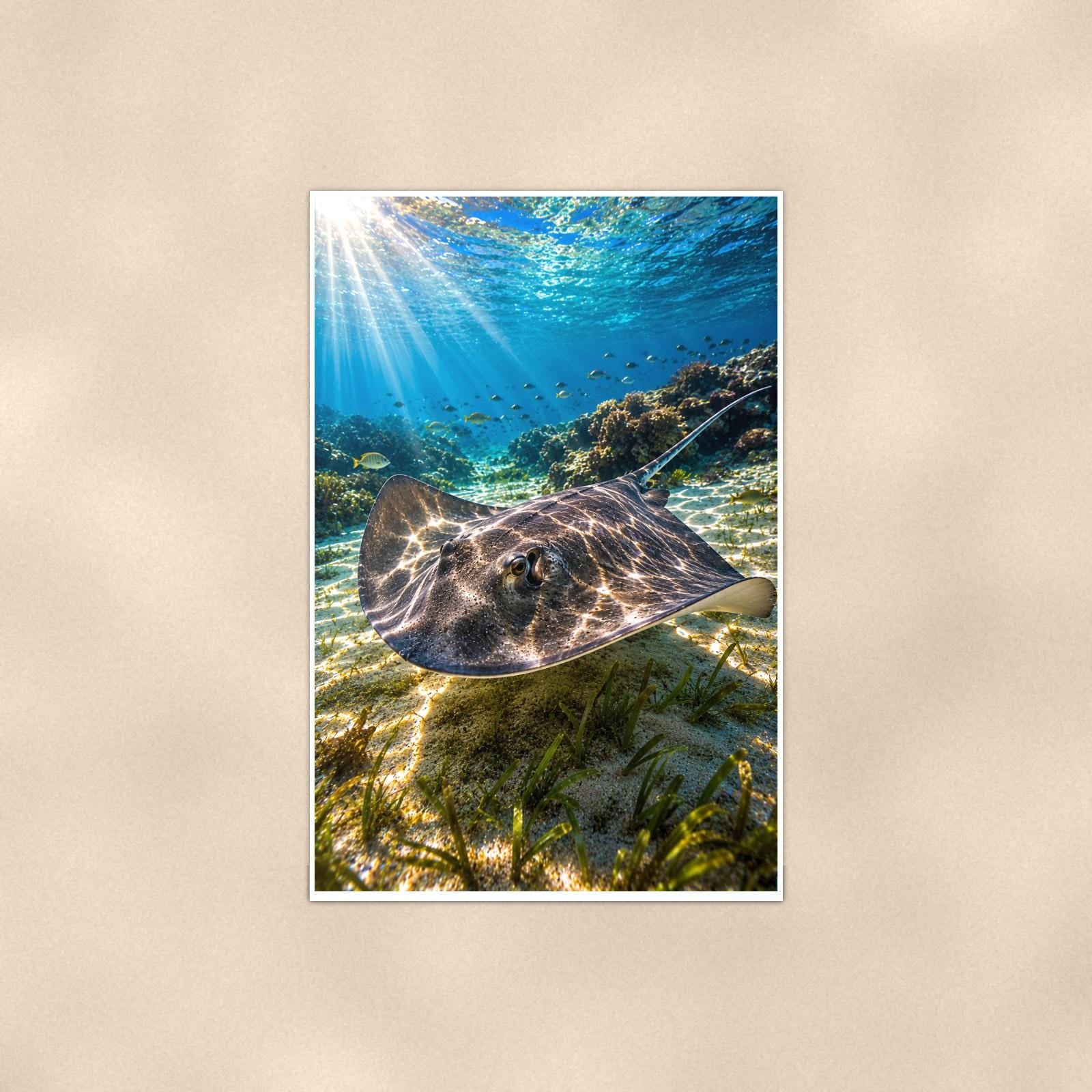 Sea Turtle Swimming — 24x36 in art print poster, premium luster paper with a white border; poster shown straight on against a warm wall.