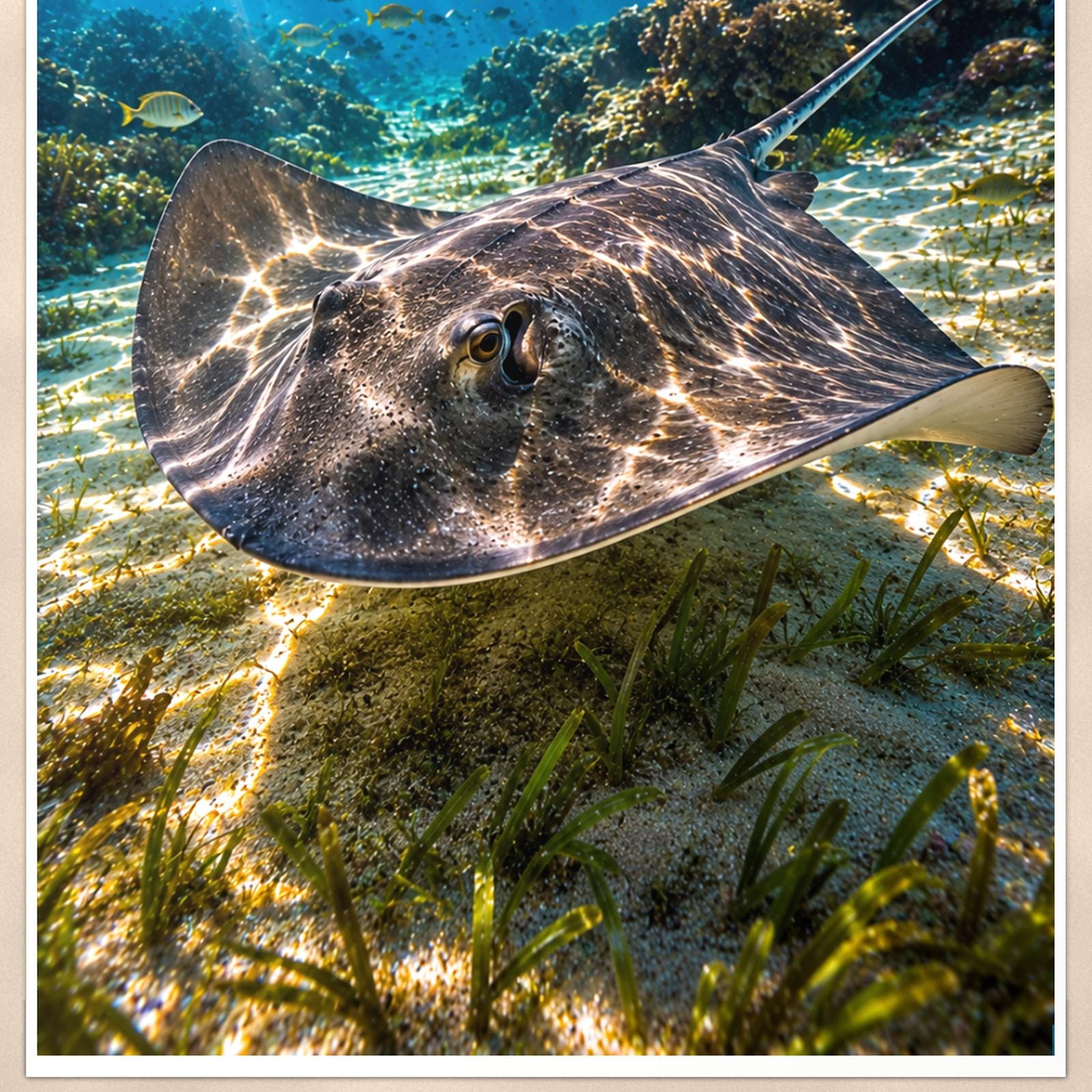 Sea Turtle Swimming — 24x36 in art print poster, premium luster paper with a white border; close-up framed on the main subject of the artwork, paper surface visible.