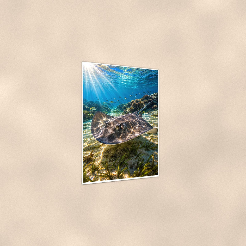 Sea Turtle Swimming — 24x36 in art print poster, premium luster paper with a white border; gentle three-quarter angle on a warm wall, showing the flat paper edge.