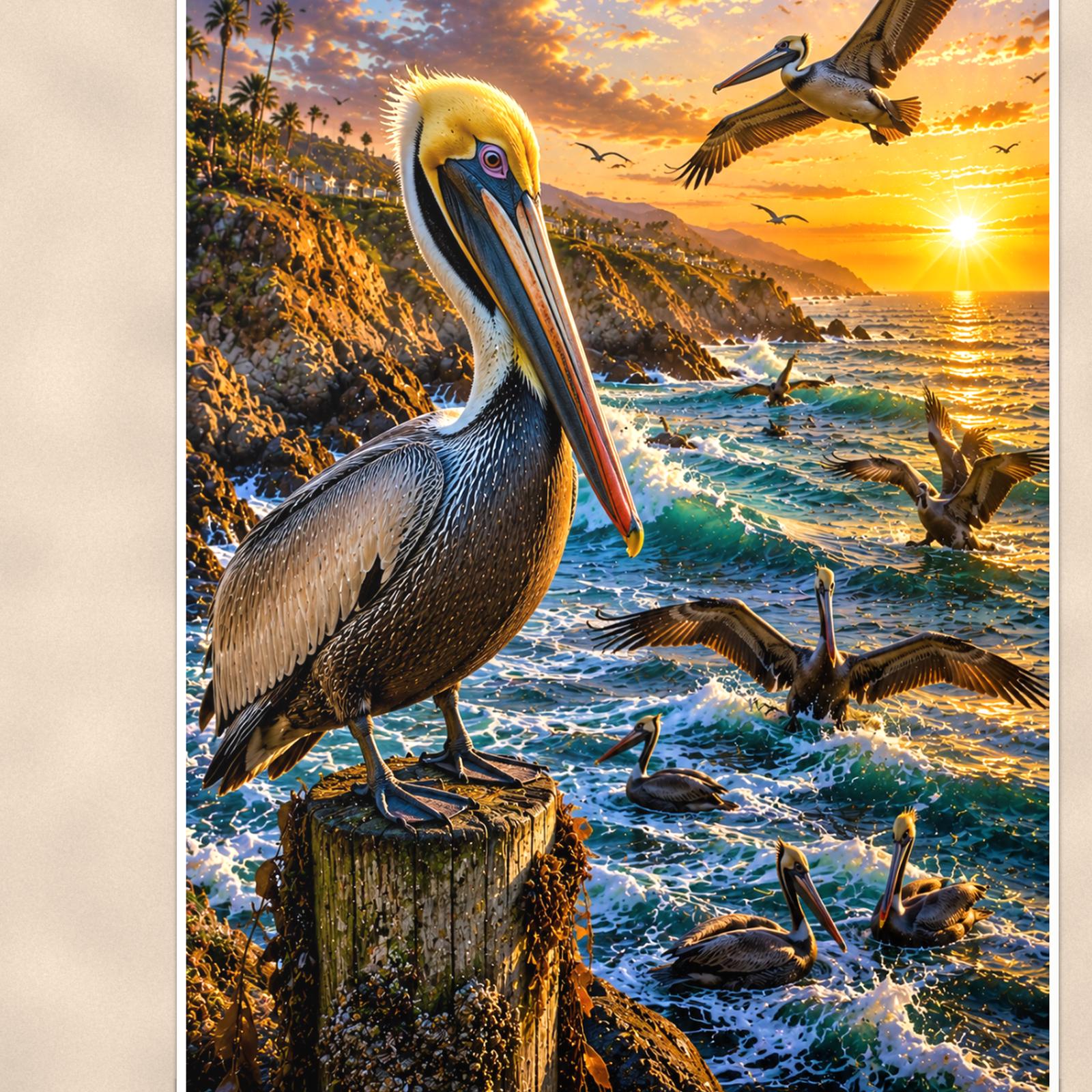 Pelican — 24x36 in art print poster, premium luster paper with a white border; close-up framed on the main subject of the artwork, paper surface visible.