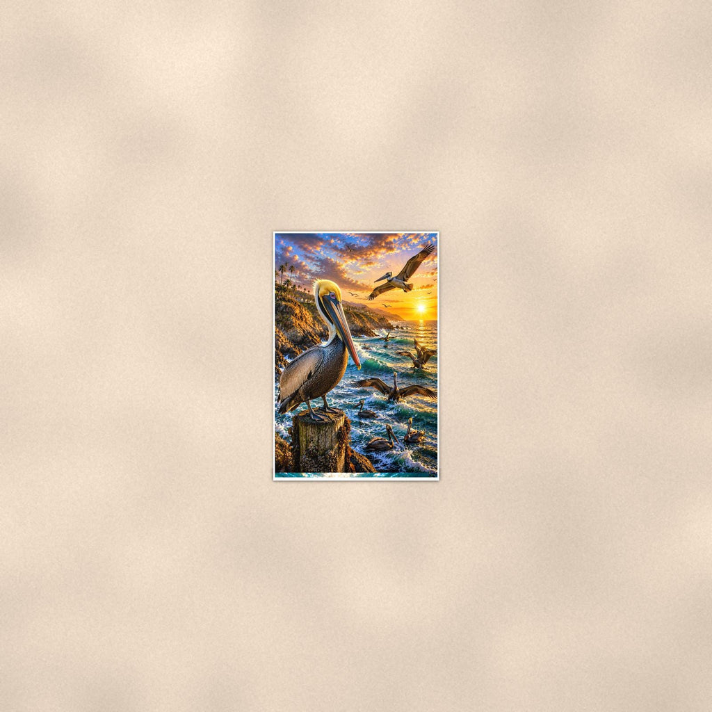 Pelican — 24x36 in art print poster, premium luster paper with a white border; poster seen from further back, at true 24x36 in scale on a warm wall.