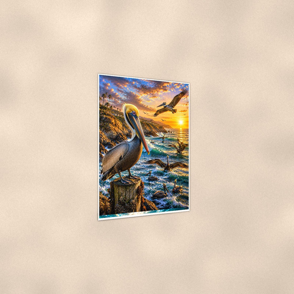 Pelican — 24x36 in art print poster, premium luster paper with a white border; gentle three-quarter angle on a warm wall, showing the flat paper edge.