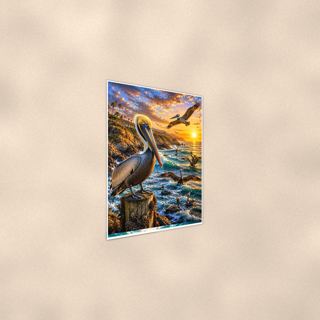 Pelican — 24x36 in art print poster, premium luster paper with a white border; steeper three-quarter angle on a warm wall, catching the luster sheen.