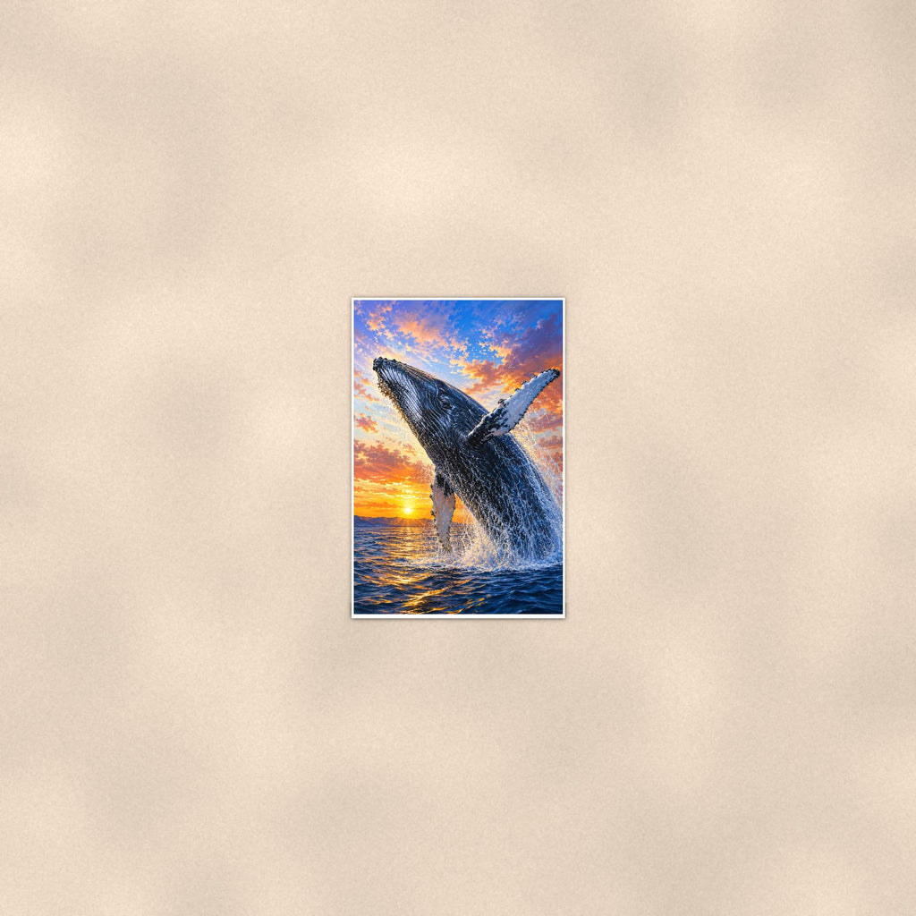 Humpback Whale Breaching — 24x36 in art print poster, premium luster paper with a white border; poster seen from further back, at true 24x36 in scale on a warm wall.